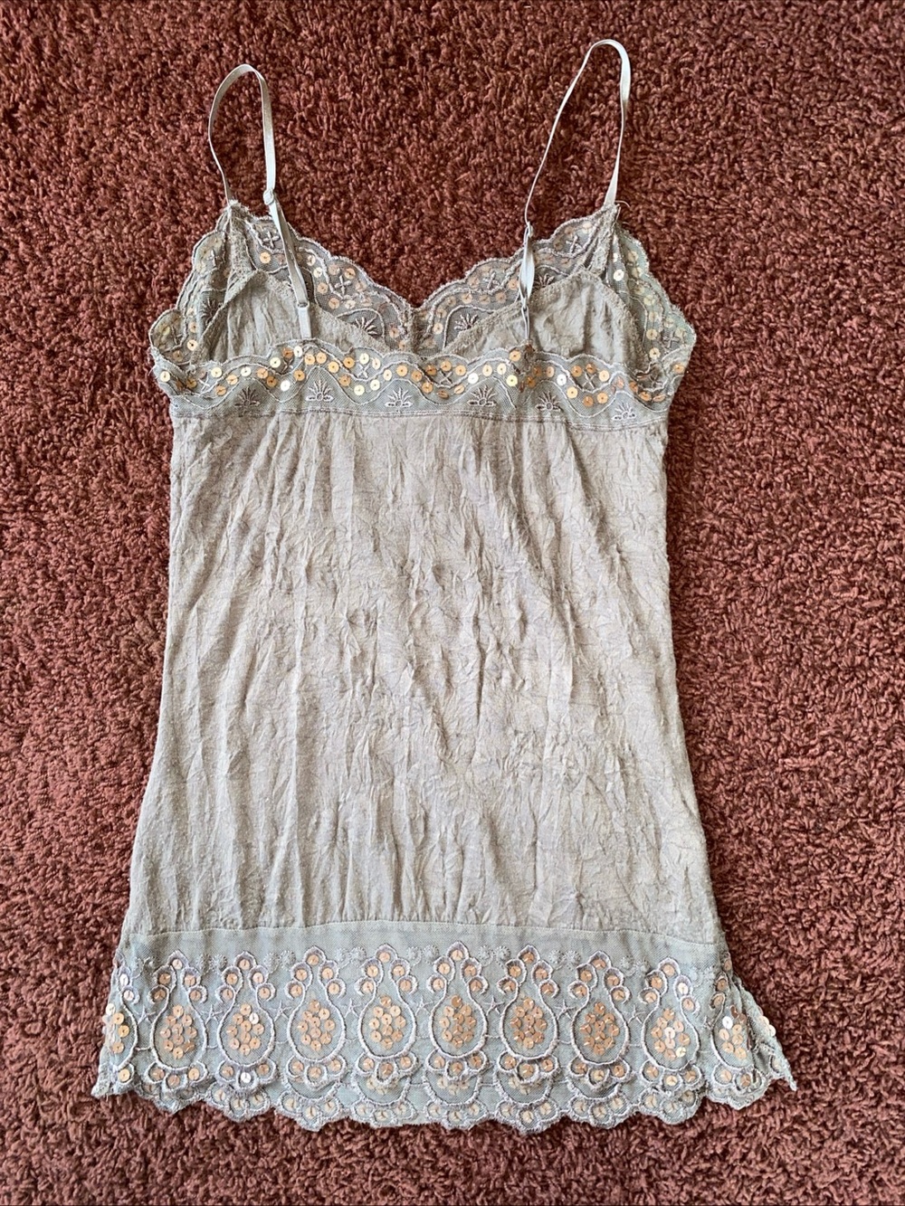 Y2K Weavers Camisole Tank Top Sz S Lace Sequin Crinkle Brown Boho Fairy Grunge - Picture 9 of 9